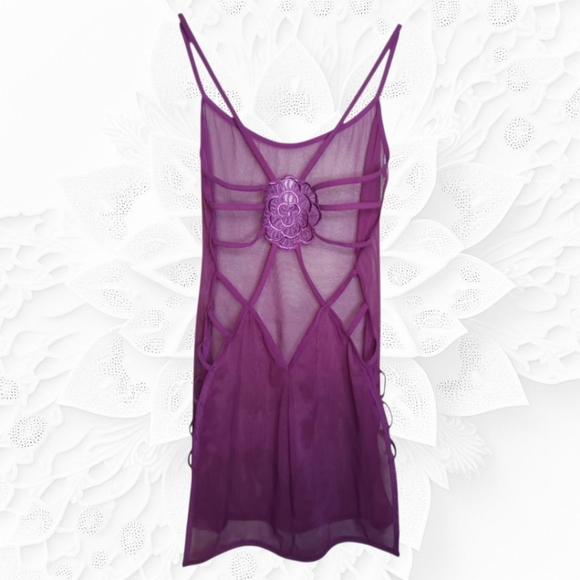 Vintage Vivid Purple Sheer Mesh Babydoll – Strappy Sides, Open Lower Back - Picture 4 of 4